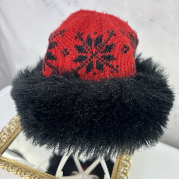 Vintage 70s Knit Russian Hat Women's Nordic Winter Beanie Red Black Faux Fur - Picture 1 of 13
